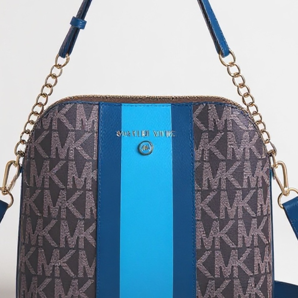 Michael Kors Purse Cindy Dome Blue Center Stripe Brown MK Logo Bag Crossbody - Picture 2 of 10